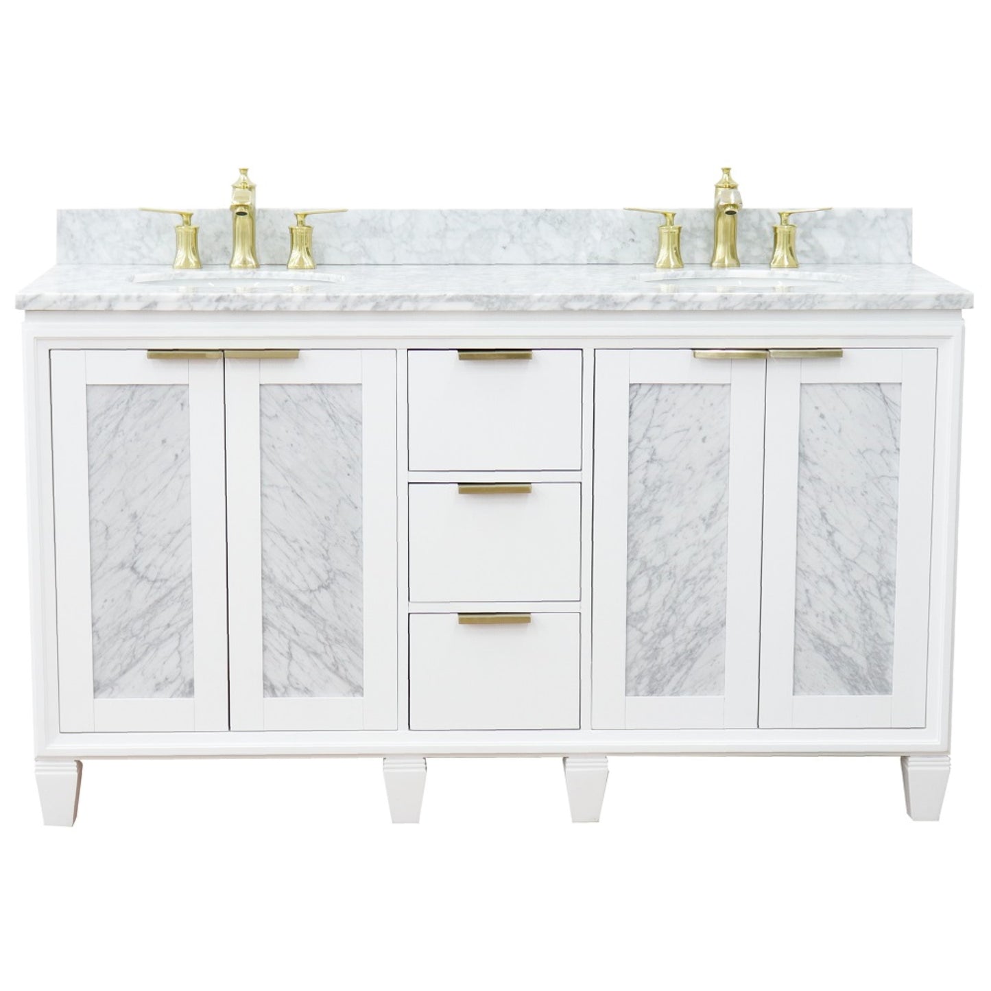 61" Double sink vanity in White finish with White Carrara marble and oval sink