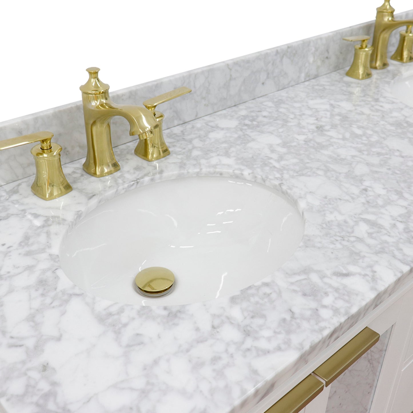 61" Double sink vanity in White finish with White Carrara marble and oval sink