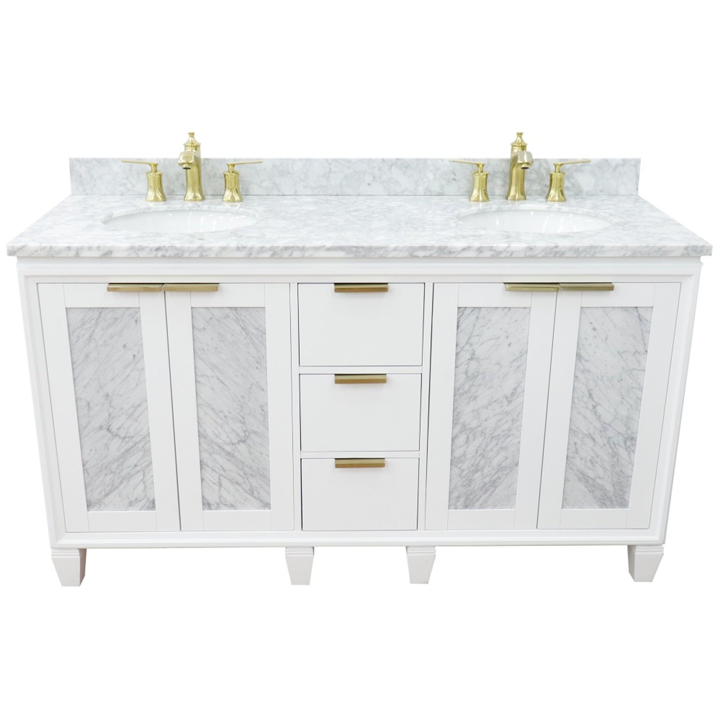 61" Double sink vanity in White finish with White Carrara marble and oval sink