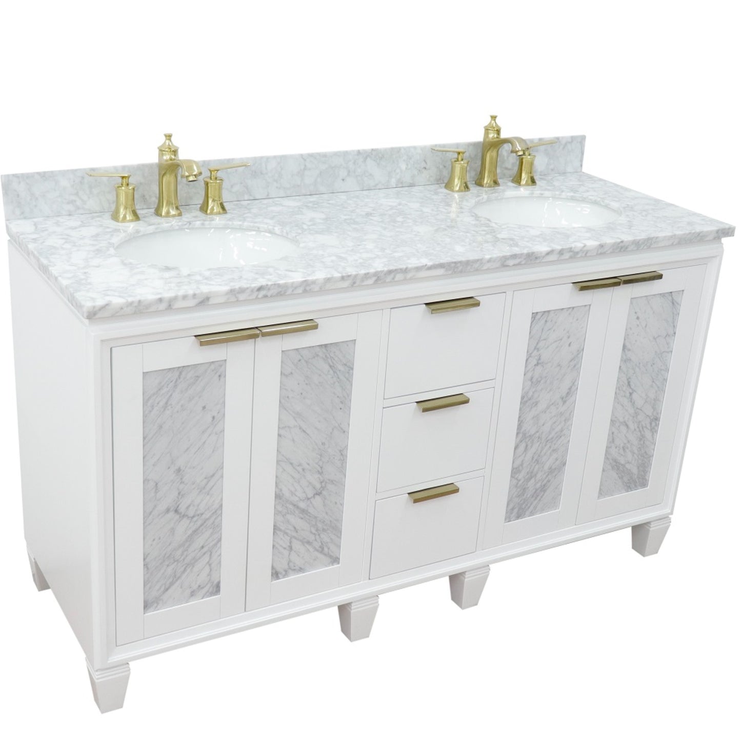 61" Double sink vanity in White finish with White Carrara marble and oval sink
