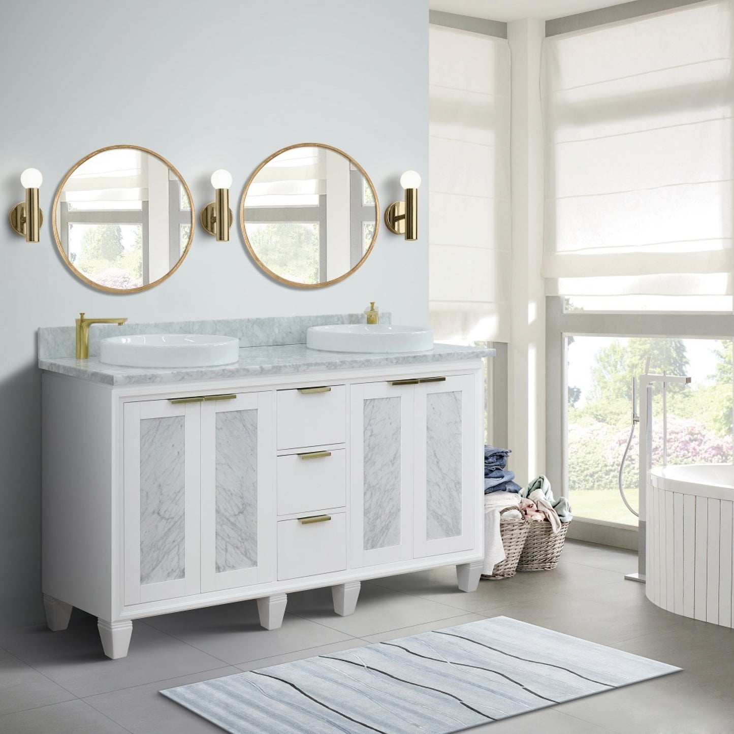 61" Double sink vanity in White finish with White Carrara marble and round sink