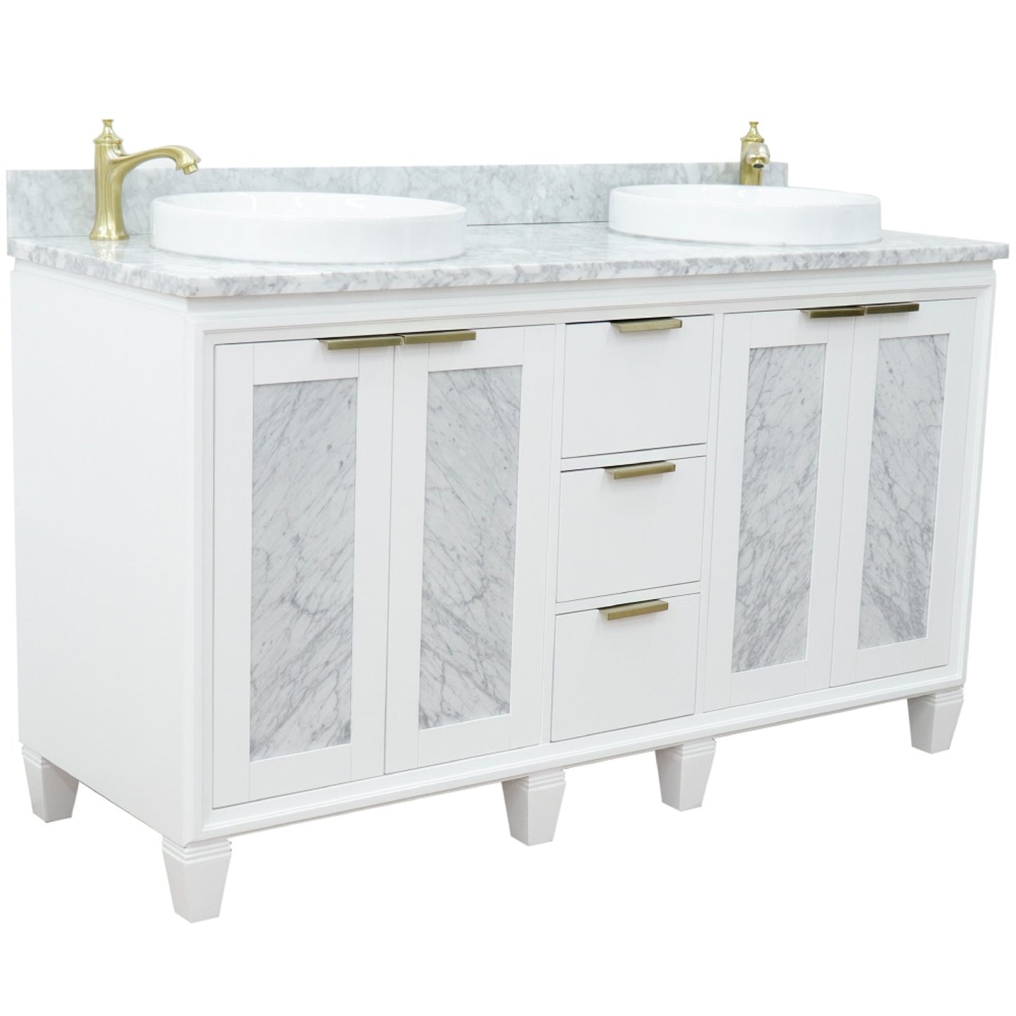 61" Double sink vanity in White finish with White Carrara marble and round sink