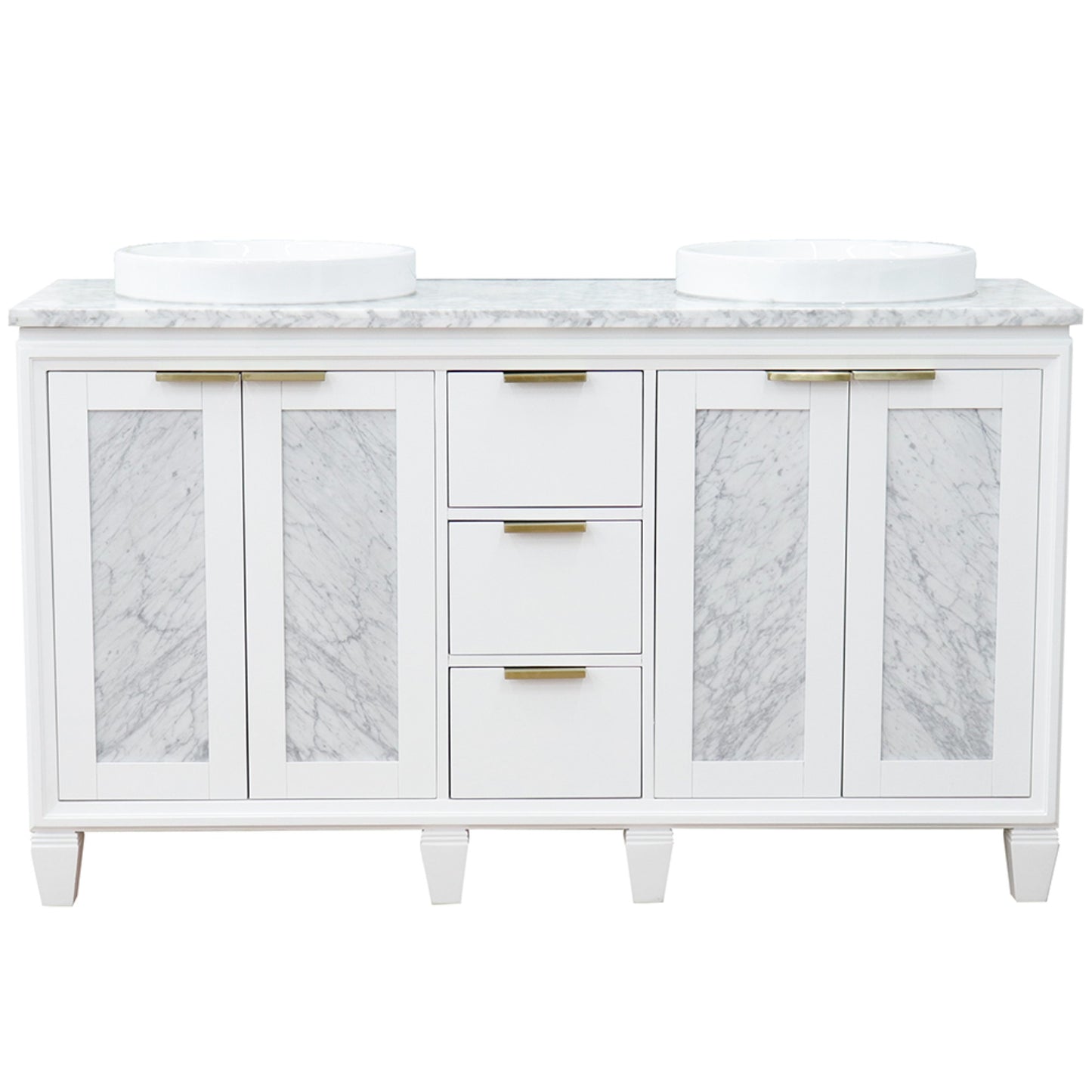 61" Double sink vanity in White finish with White Carrara marble and round sink