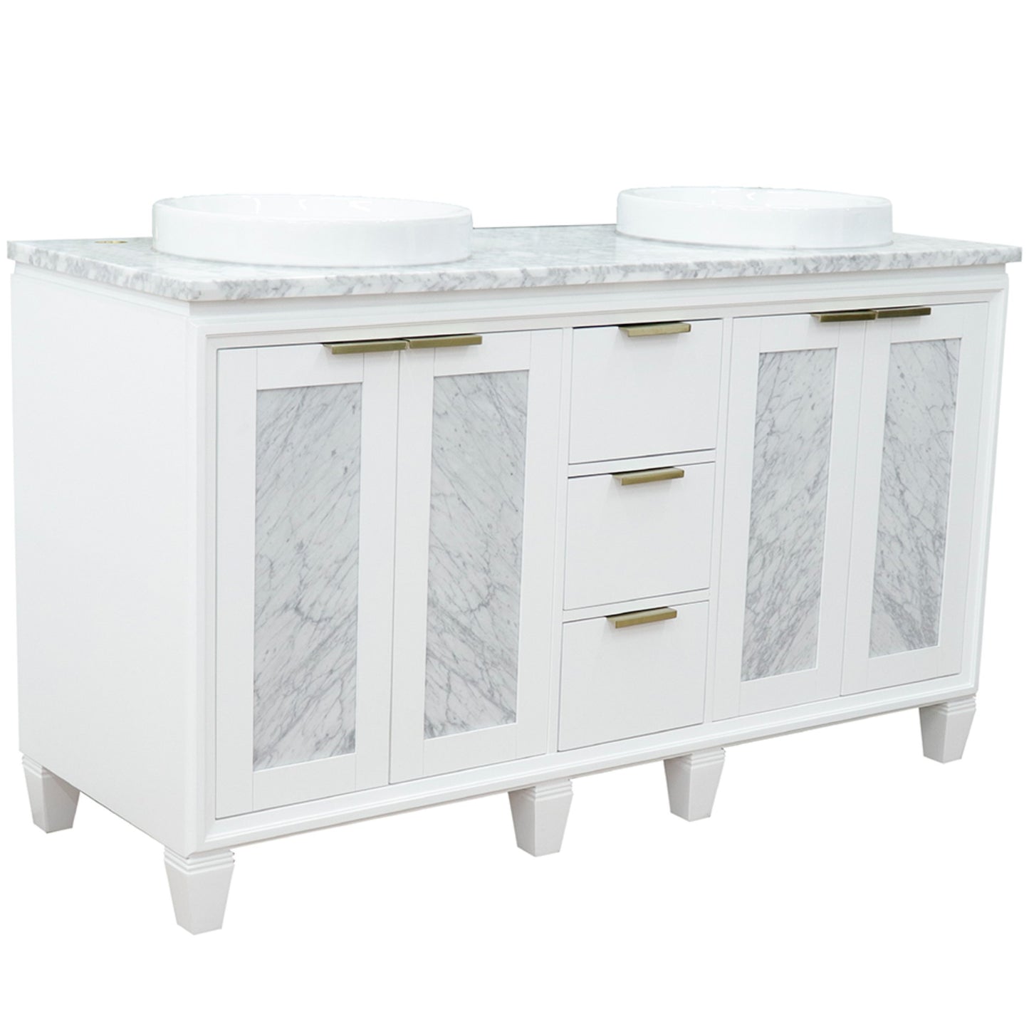 61" Double sink vanity in White finish with White Carrara marble and round sink