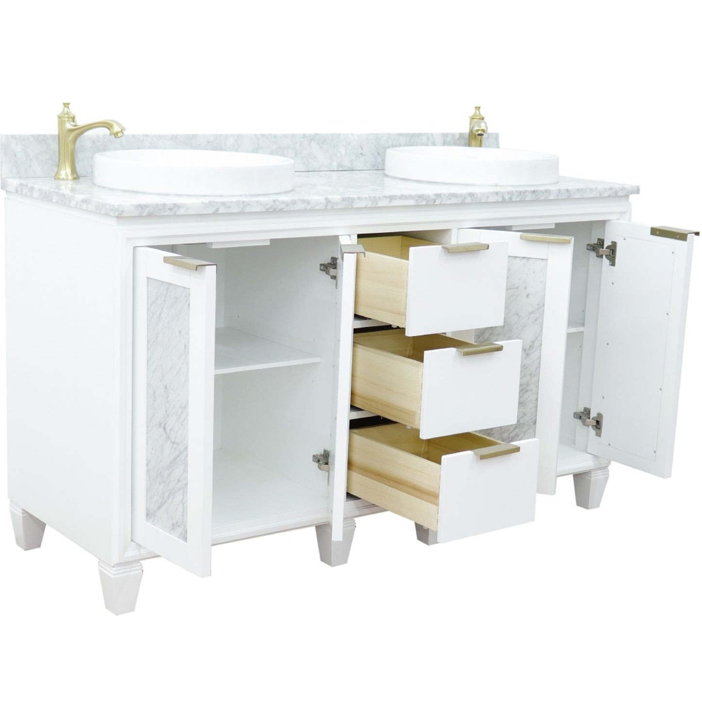 61" Double sink vanity in White finish with White Carrara marble and round sink
