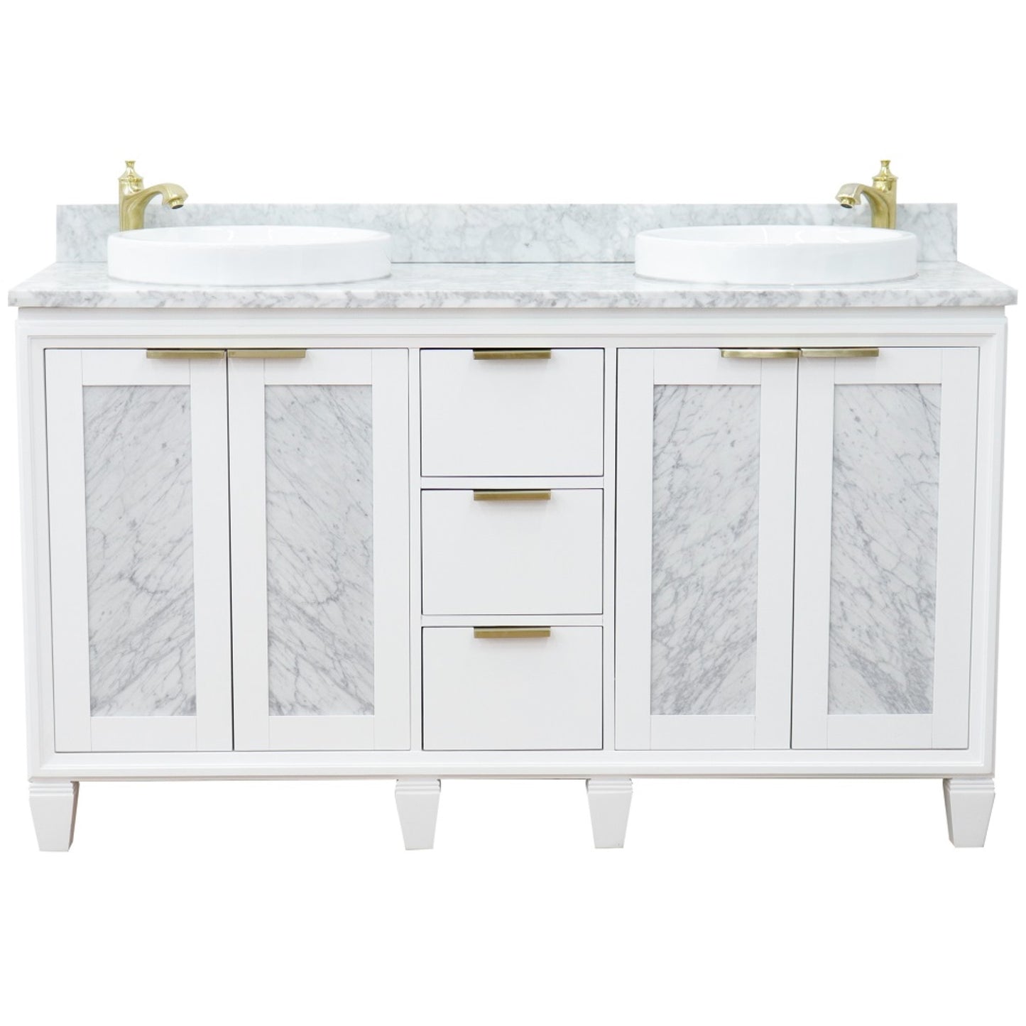 61" Double sink vanity in White finish with White Carrara marble and round sink