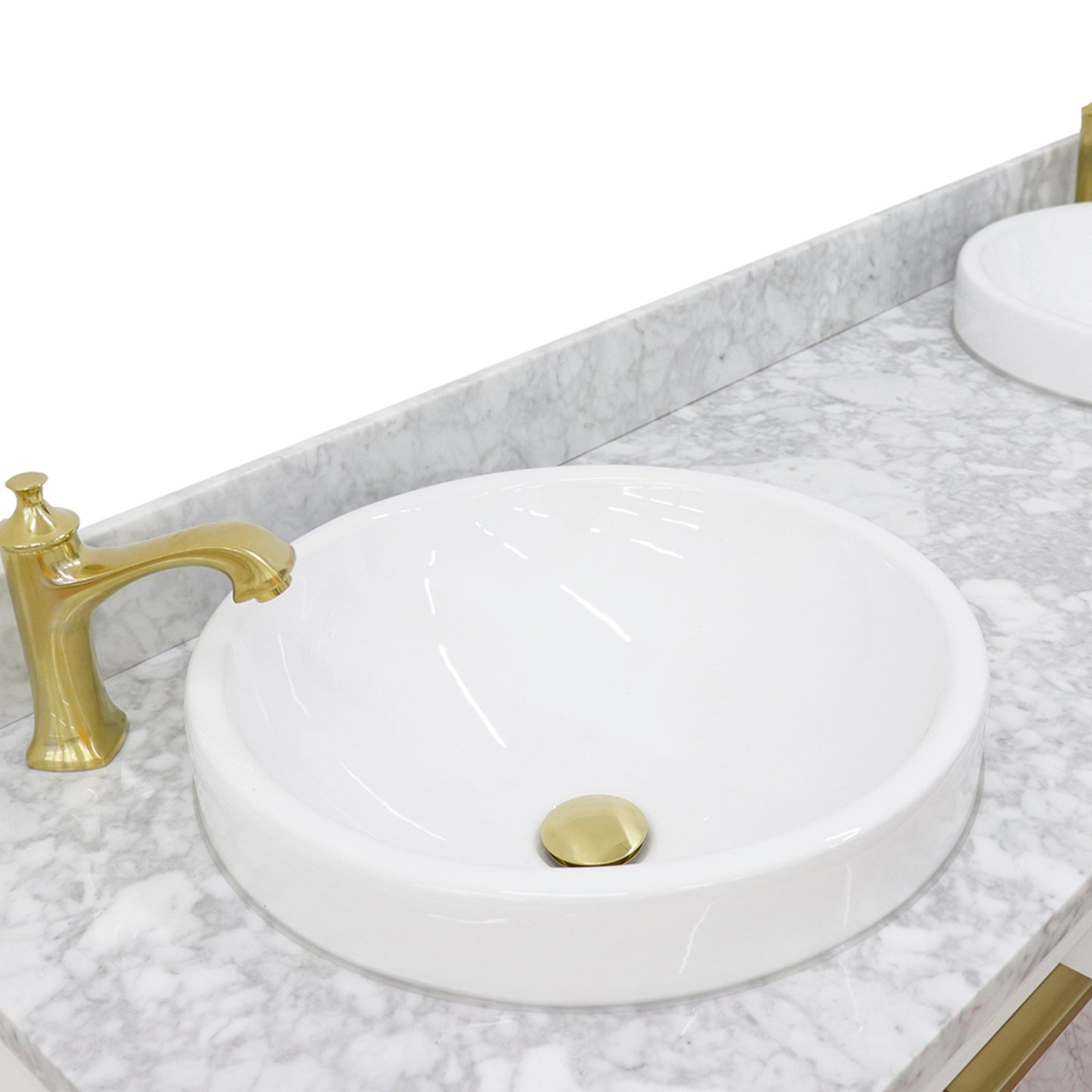 61" Double sink vanity in White finish with White Carrara marble and round sink