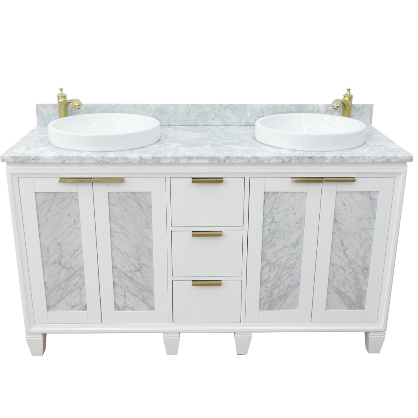 61" Double sink vanity in White finish with White Carrara marble and round sink