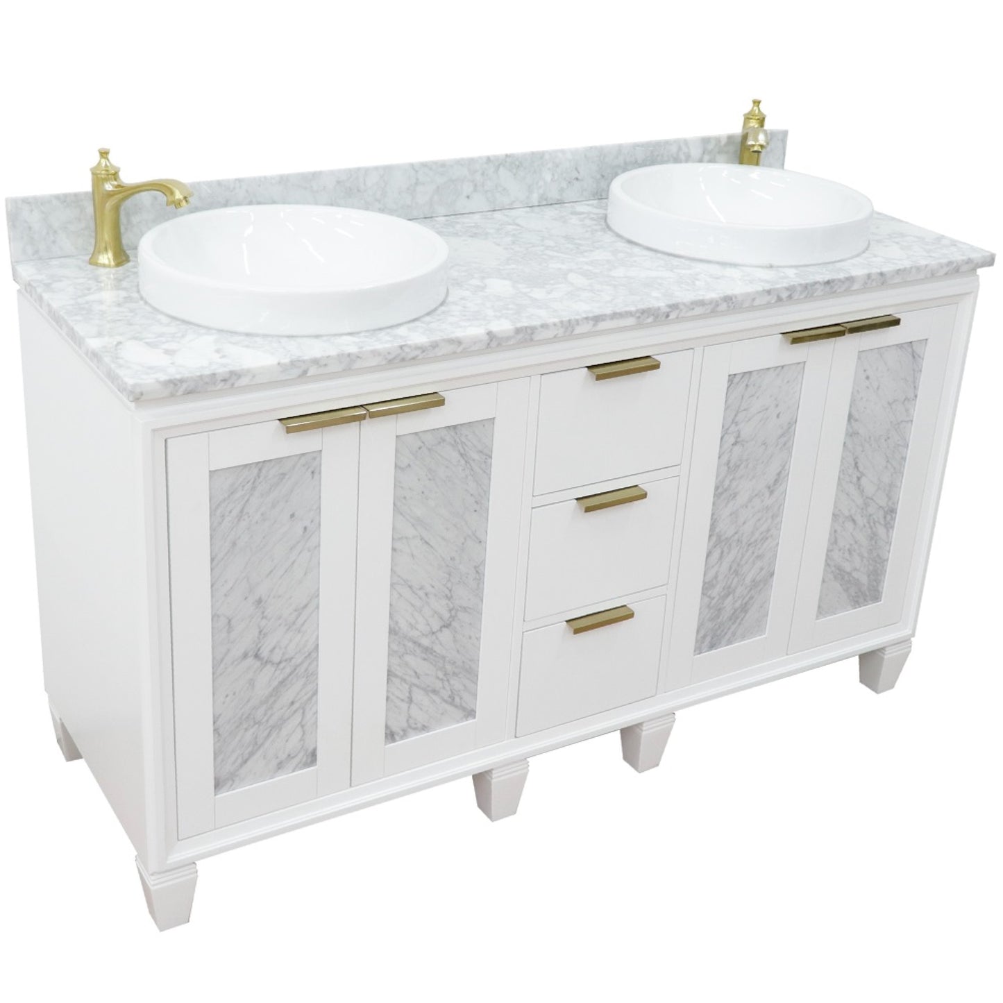 61" Double sink vanity in White finish with White Carrara marble and round sink