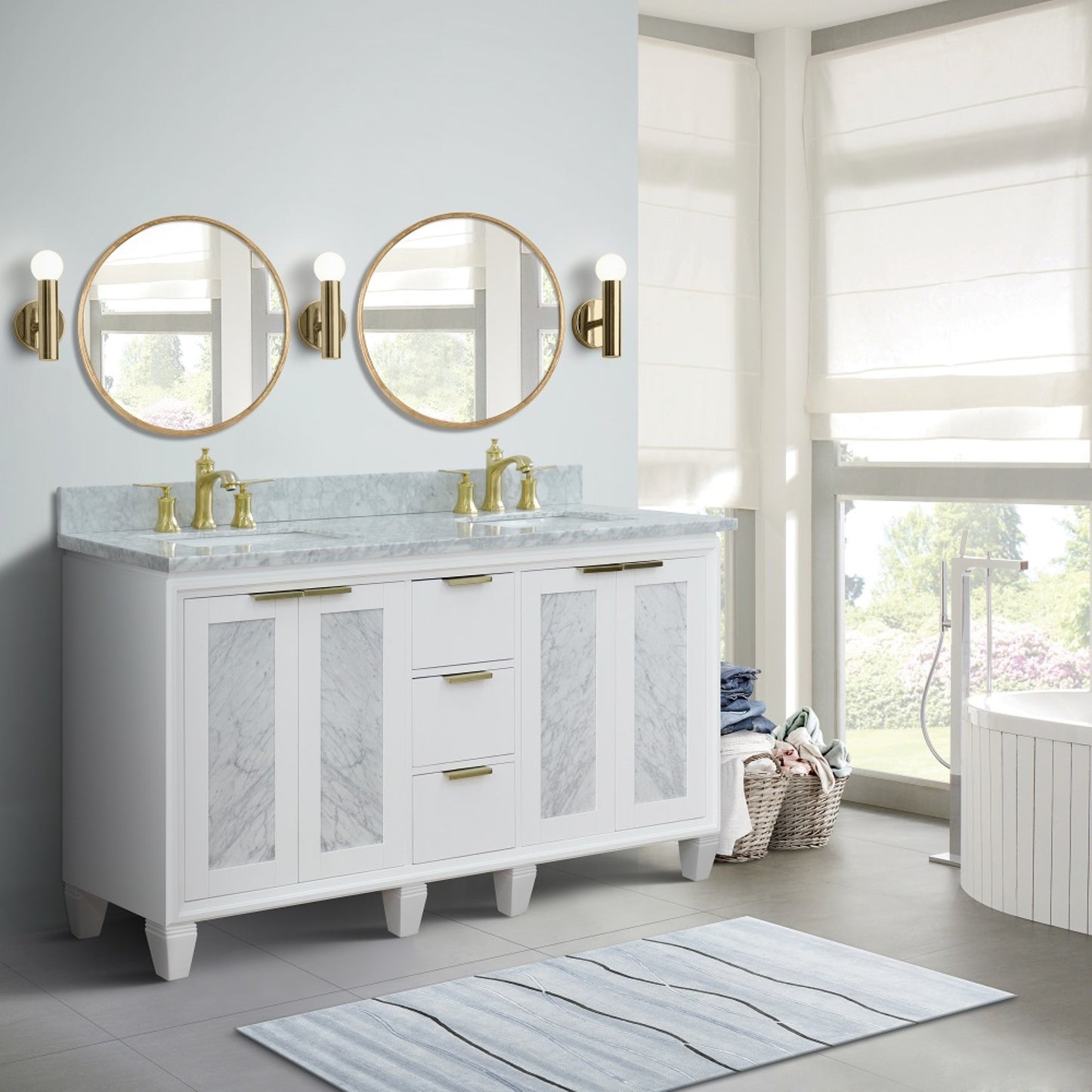 61" Double sink vanity in White finish with White Carrara marble and rectangle sink