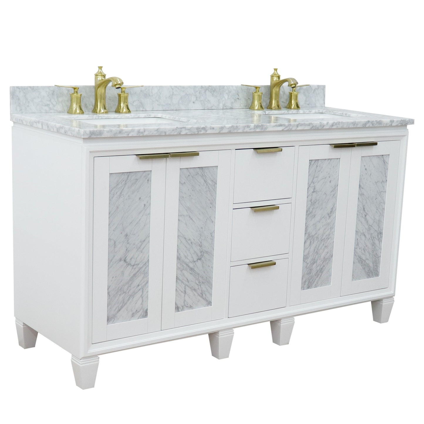 61" Double sink vanity in White finish with White Carrara marble and rectangle sink