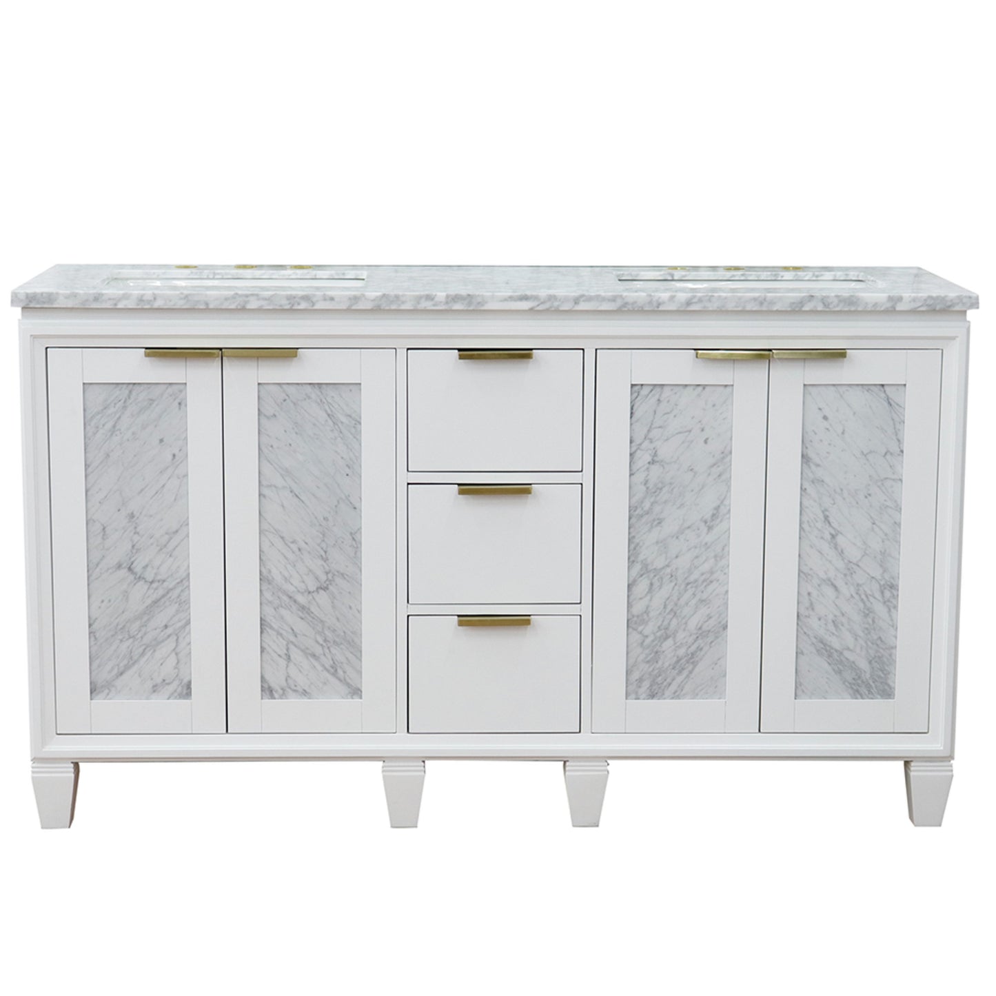 61" Double sink vanity in White finish with White Carrara marble and rectangle sink