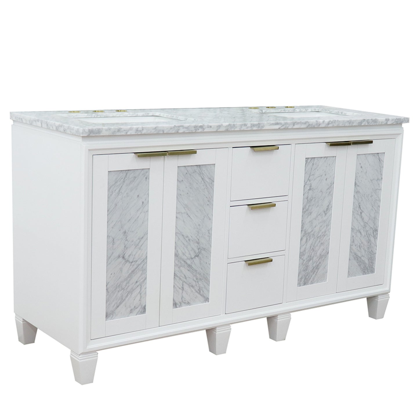 61" Double sink vanity in White finish with White Carrara marble and rectangle sink