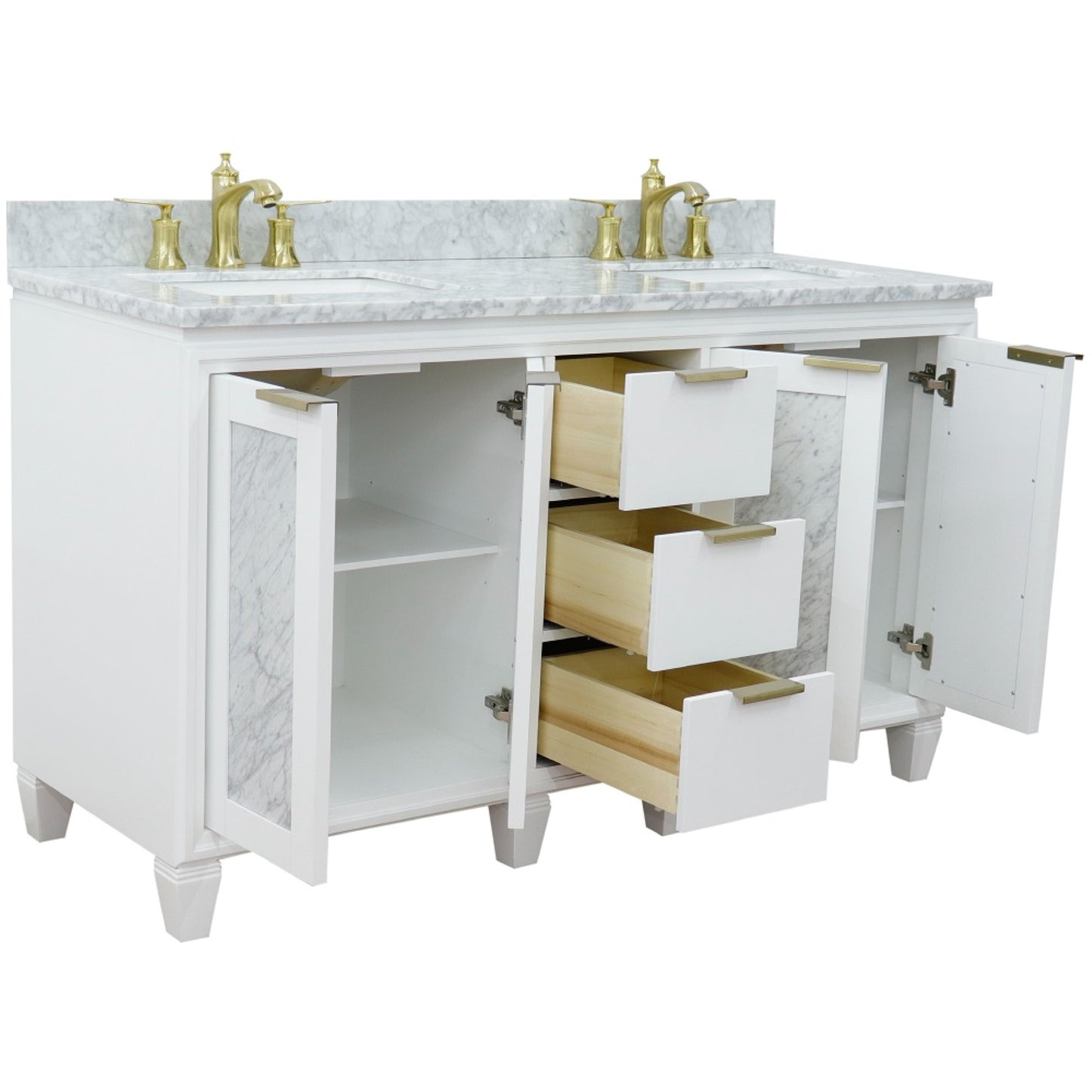 61" Double sink vanity in White finish with White Carrara marble and rectangle sink