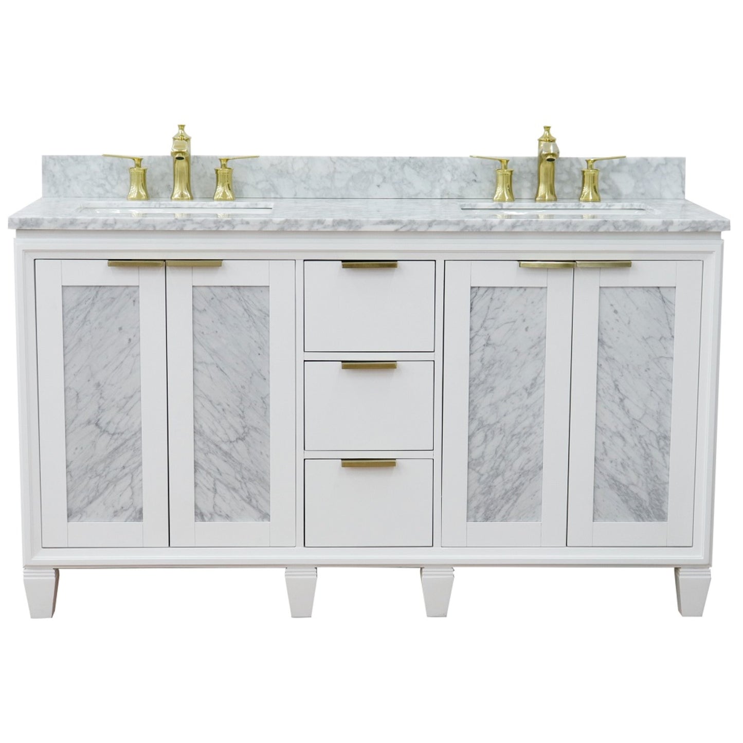 61" Double sink vanity in White finish with White Carrara marble and rectangle sink