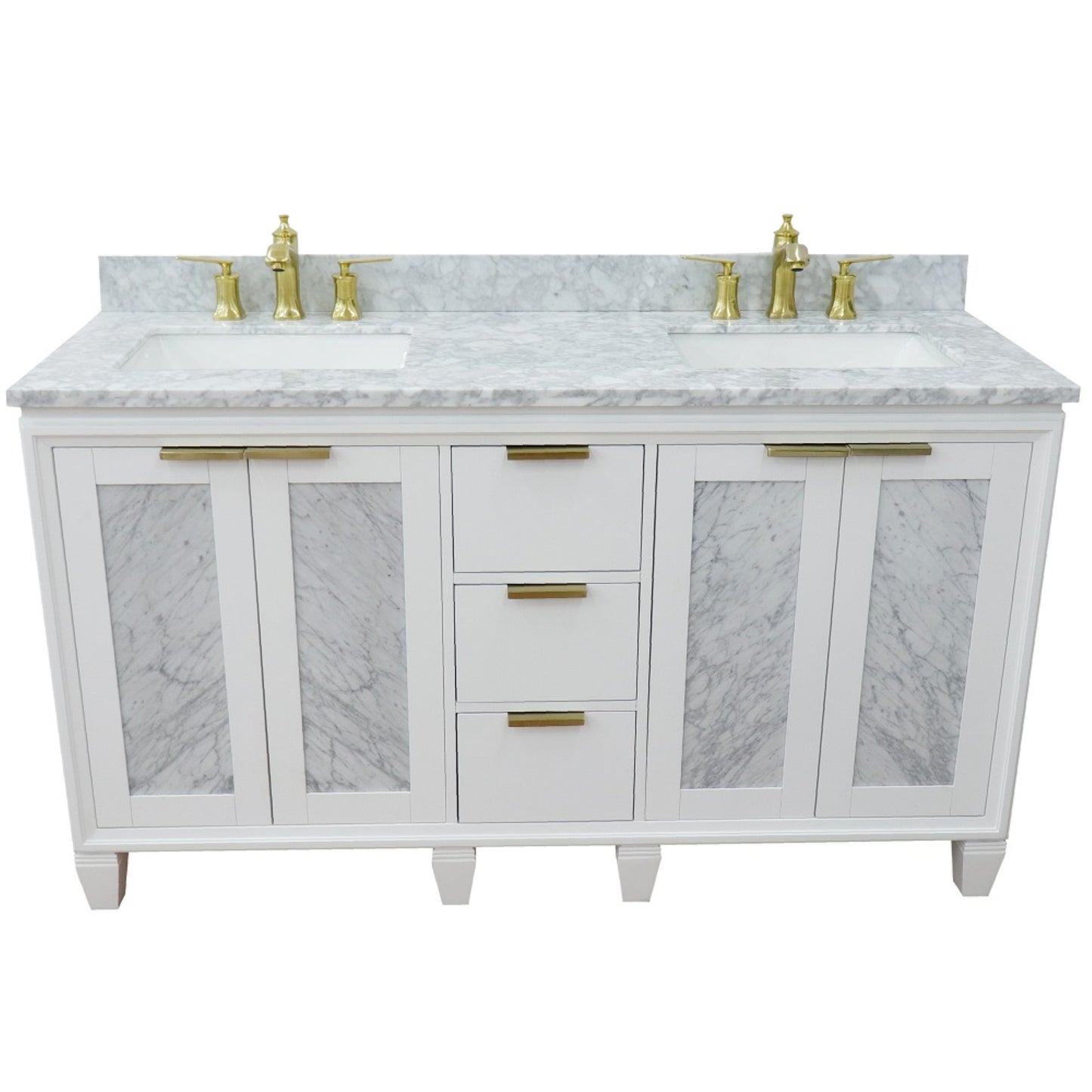 61" Double sink vanity in White finish with White Carrara marble and rectangle sink