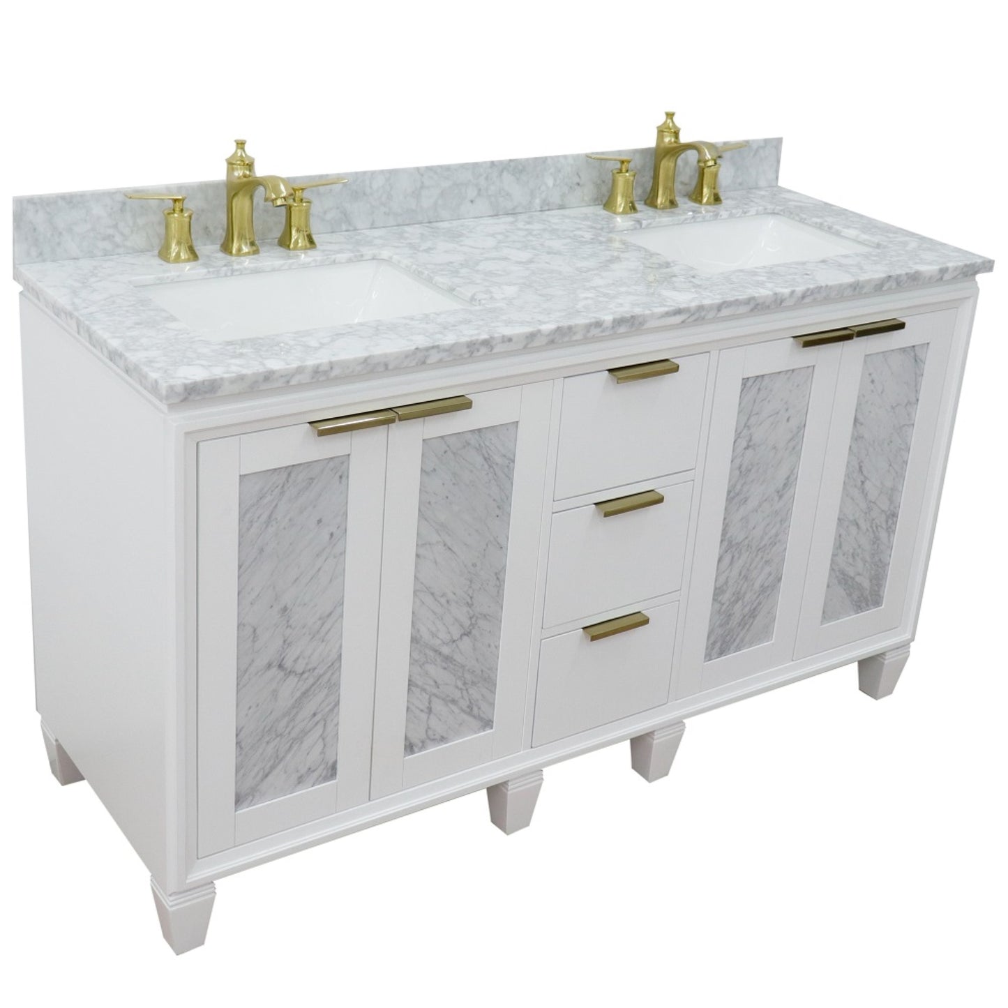 61" Double sink vanity in White finish with White Carrara marble and rectangle sink