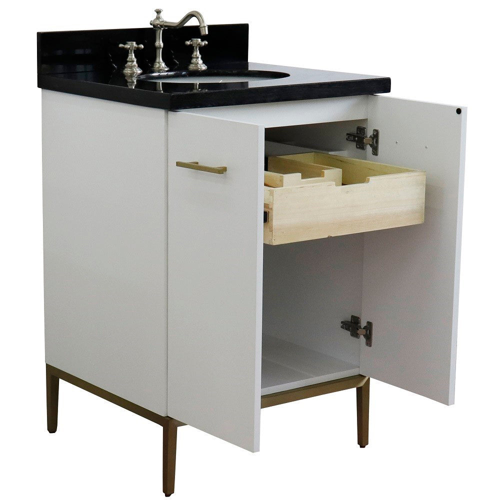 25" Single sink vanity in White finish with Black galaxy granite and oval sink
