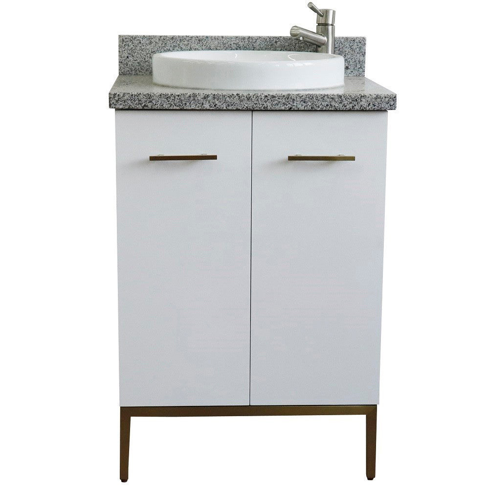 25" Single sink vanity in White finish with Gray granite and round sink