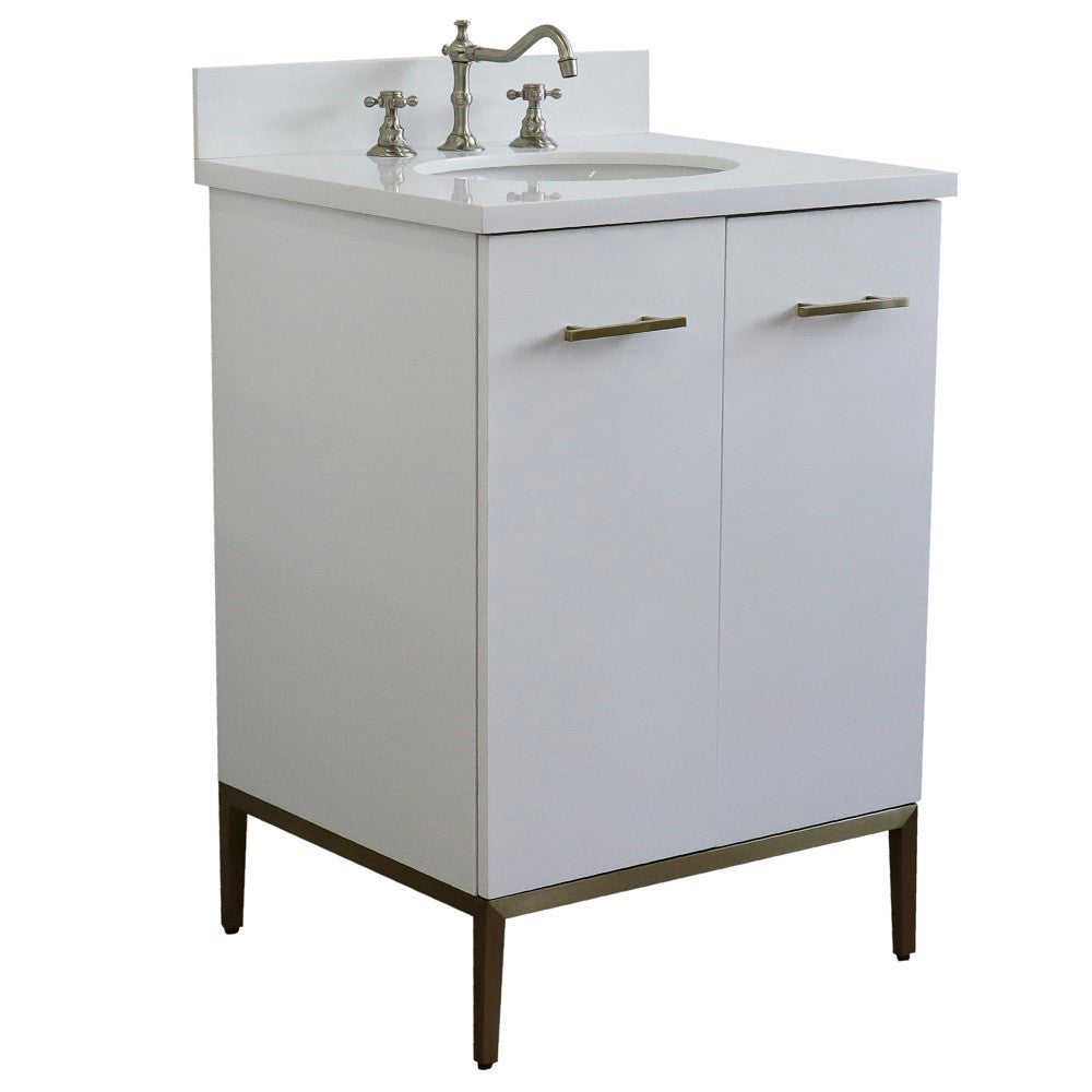 25" Single sink vanity in White finish with White engineered stone and oval sink