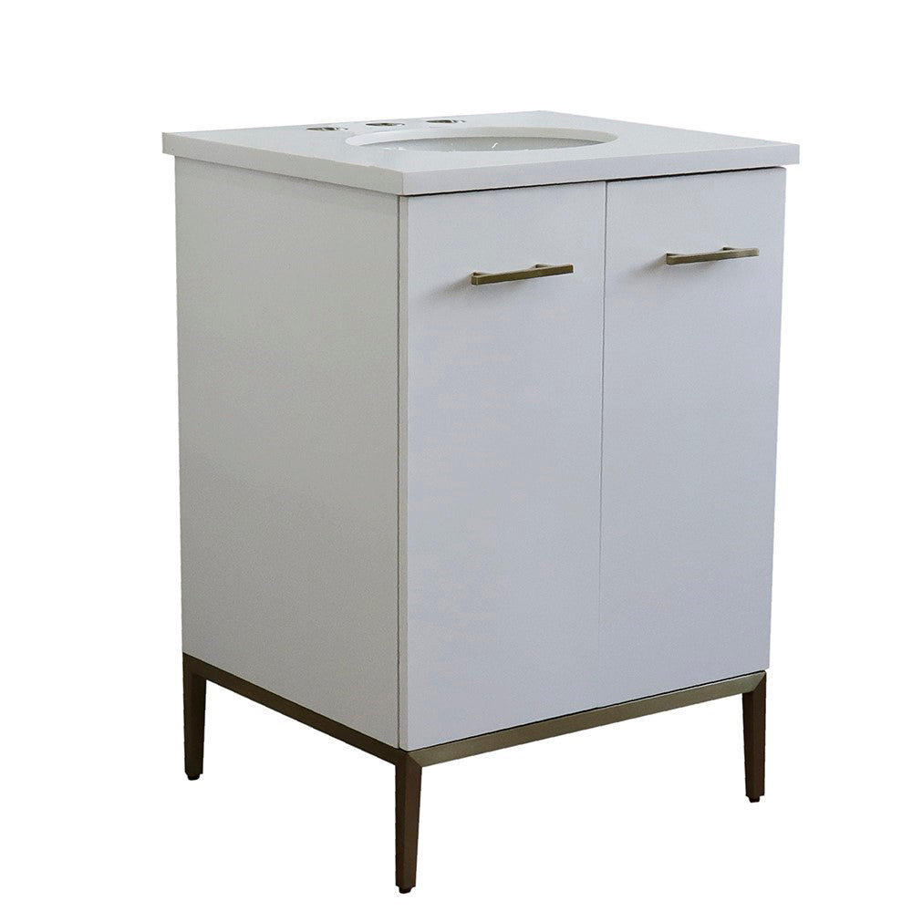 25" Single sink vanity in White finish with White engineered stone and oval sink