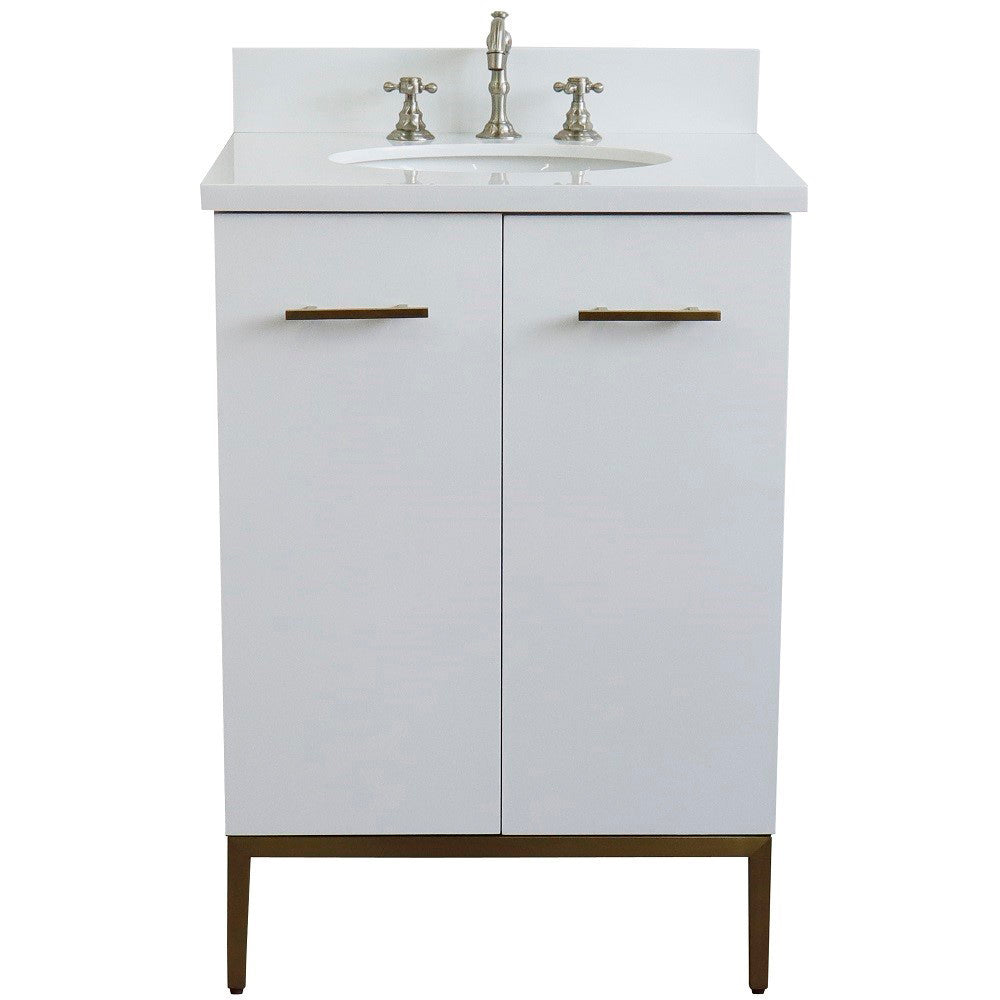 25" Single sink vanity in White finish with White engineered stone and oval sink