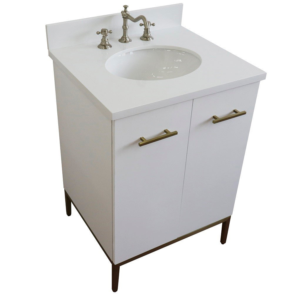 25" Single sink vanity in White finish with White engineered stone and oval sink