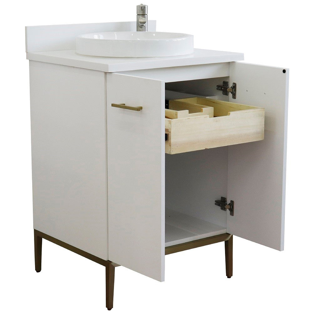 25" Single sink vanity in White finish with White engineered stone and round sink