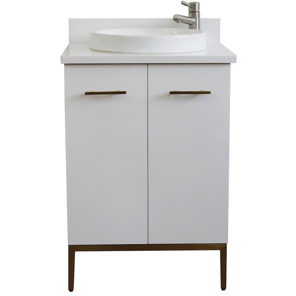 25" Single sink vanity in White finish with White engineered stone and round sink
