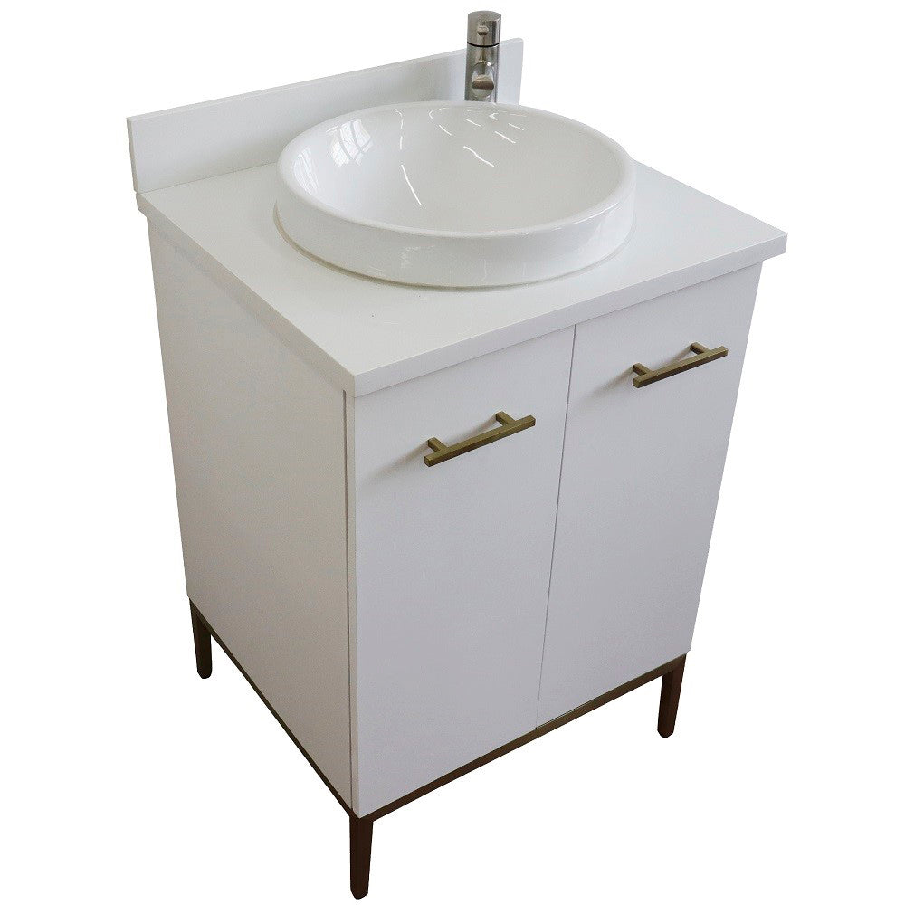 25" Single sink vanity in White finish with White engineered stone and round sink