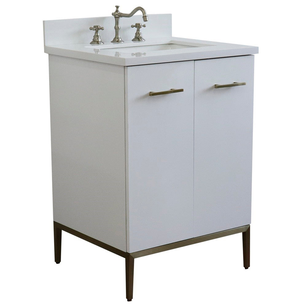 25" Single sink vanity in White finish with White engineered stone and rectangle sink