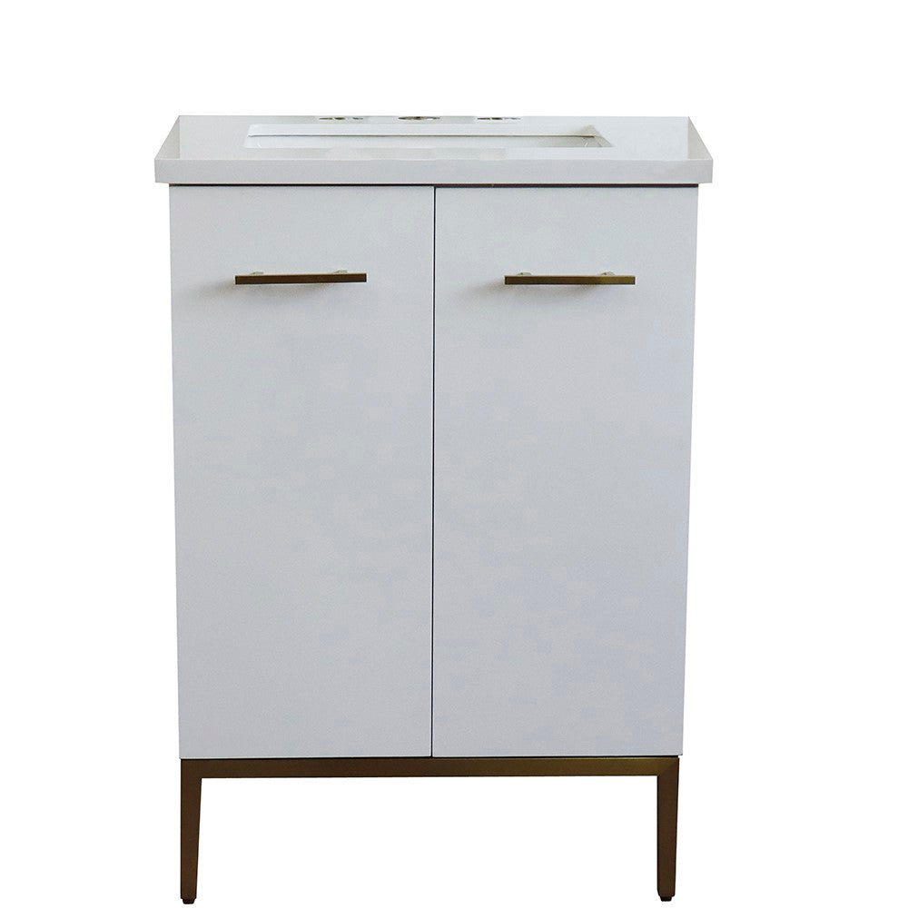 25" Single sink vanity in White finish with White engineered stone and rectangle sink