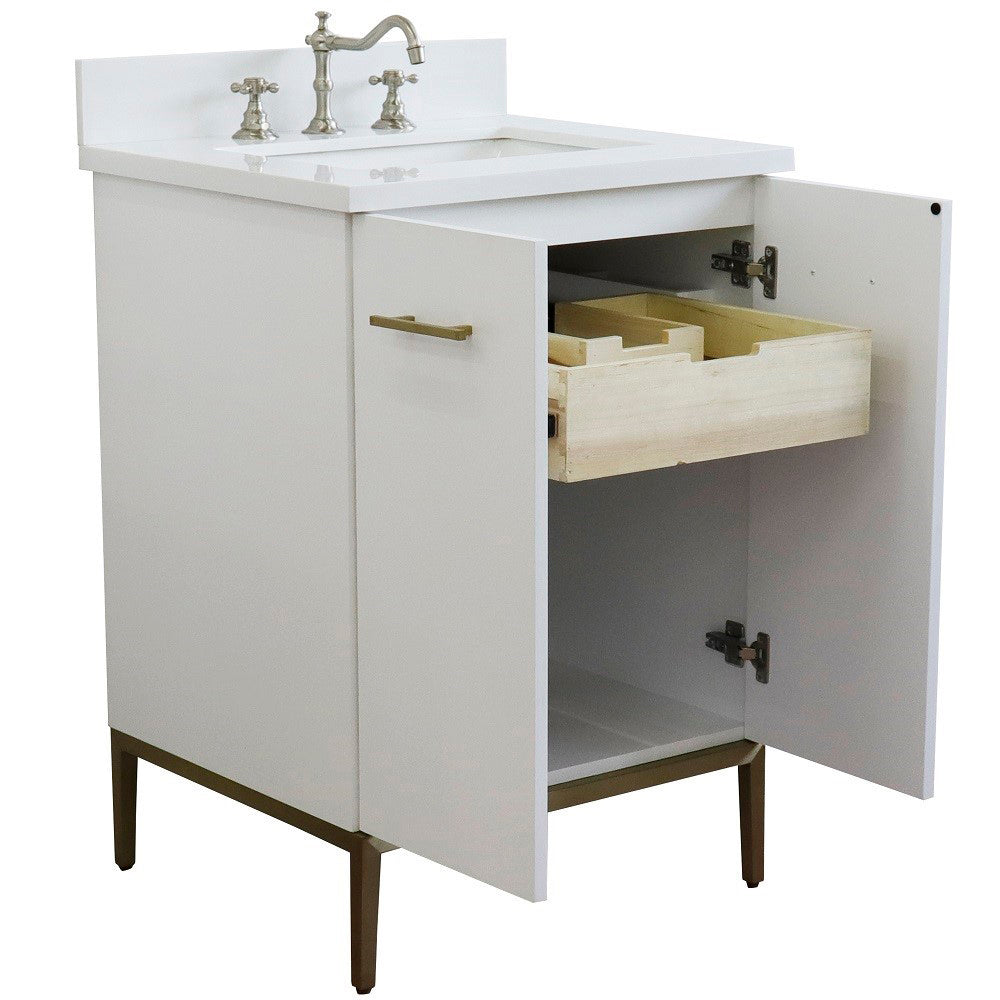 25" Single sink vanity in White finish with White engineered stone and rectangle sink
