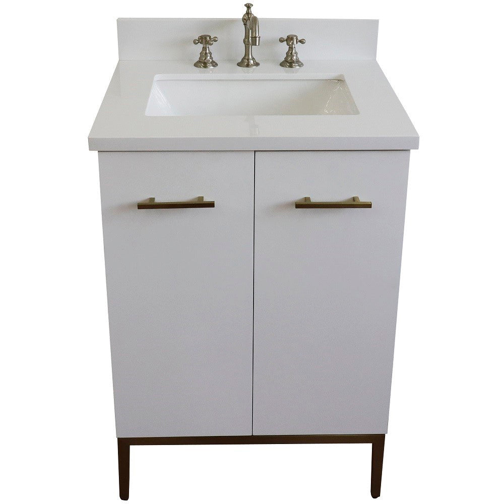 25" Single sink vanity in White finish with White engineered stone and rectangle sink