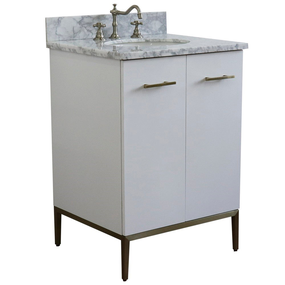 25" Single sink vanity in White finish with White Carrara marble and oval sink