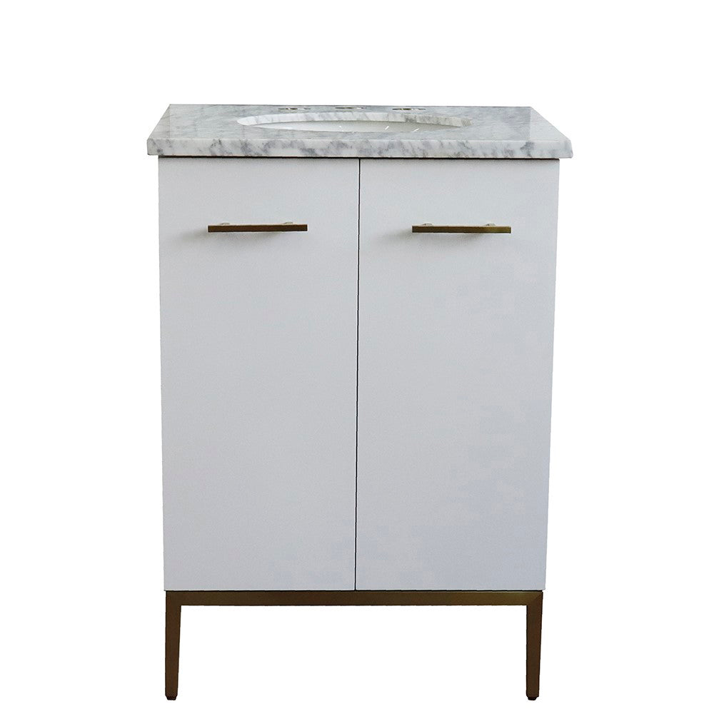 25" Single sink vanity in White finish with White Carrara marble and oval sink