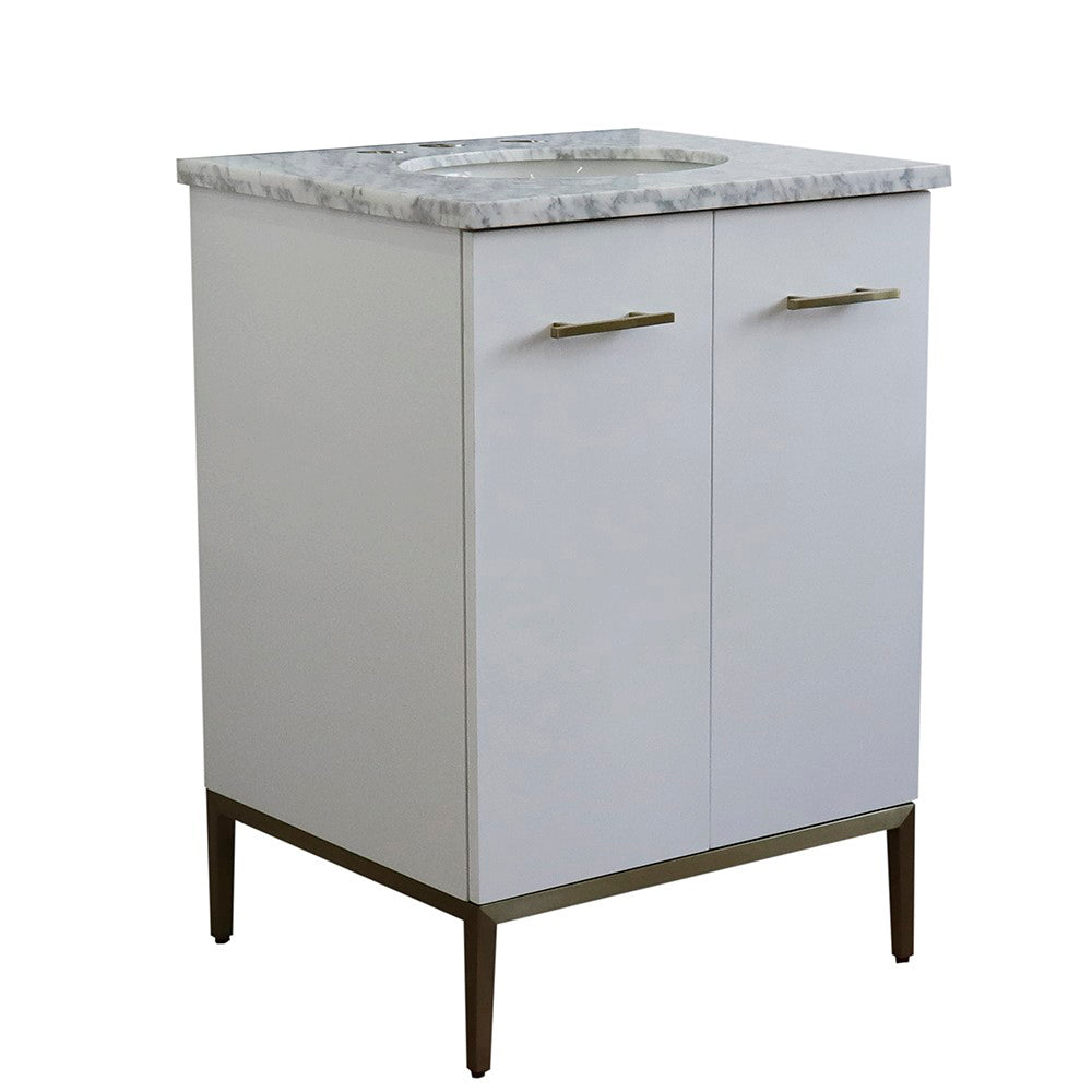 25" Single sink vanity in White finish with White Carrara marble and oval sink