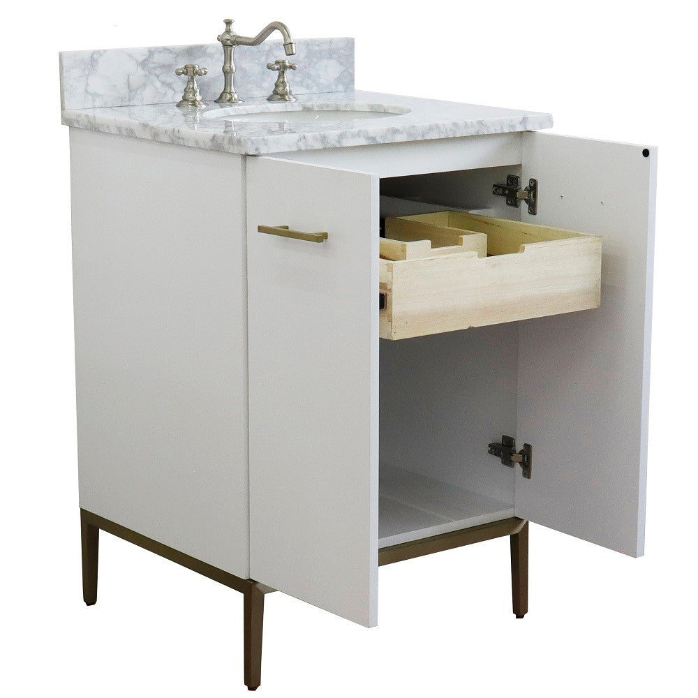 25" Single sink vanity in White finish with White Carrara marble and oval sink