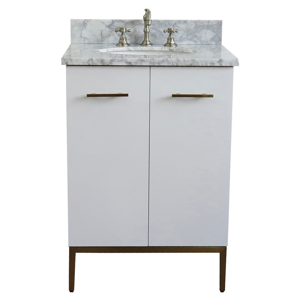 25" Single sink vanity in White finish with White Carrara marble and oval sink