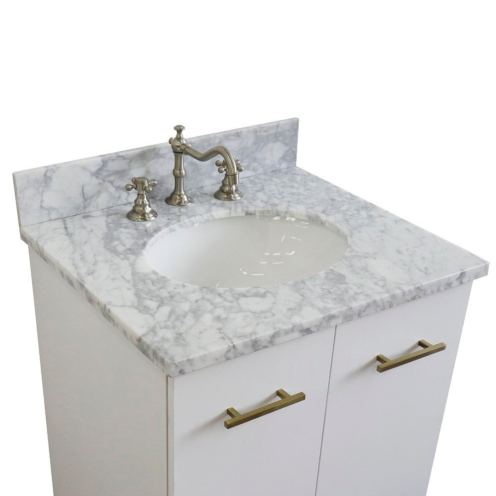 25" Single sink vanity in White finish with White Carrara marble and oval sink