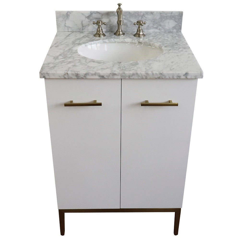 25" Single sink vanity in White finish with White Carrara marble and oval sink
