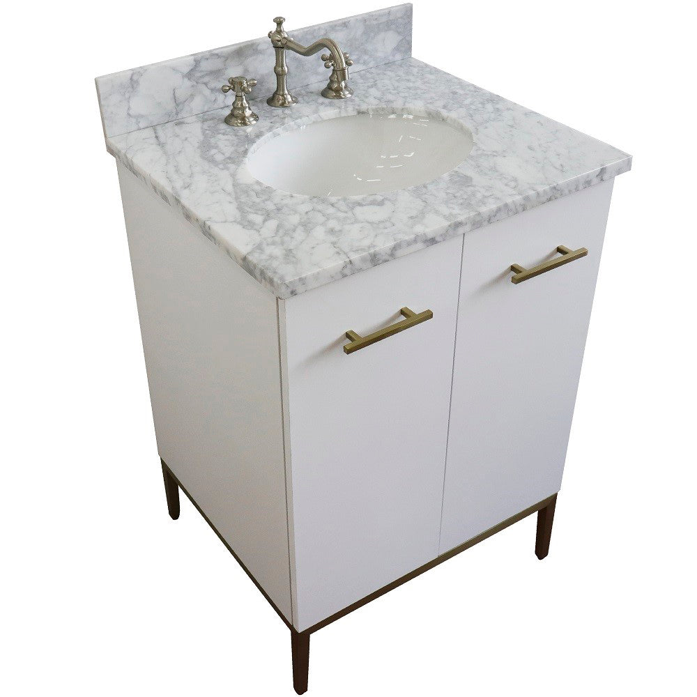 25" Single sink vanity in White finish with White Carrara marble and oval sink