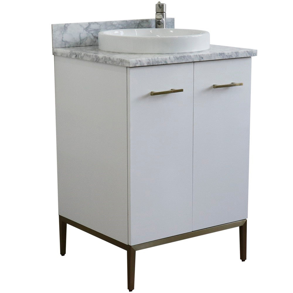 25" Single sink vanity in White finish with White Carrara marble and round sink