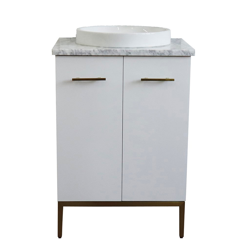 25" Single sink vanity in White finish with White Carrara marble and round sink