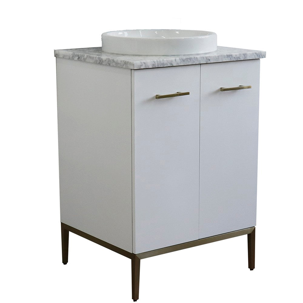 25" Single sink vanity in White finish with White Carrara marble and round sink