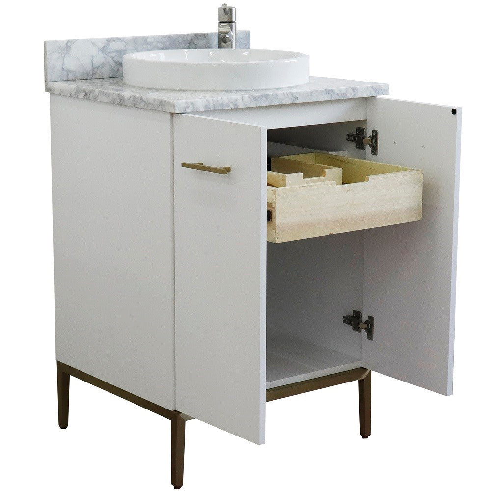 25" Single sink vanity in White finish with White Carrara marble and round sink