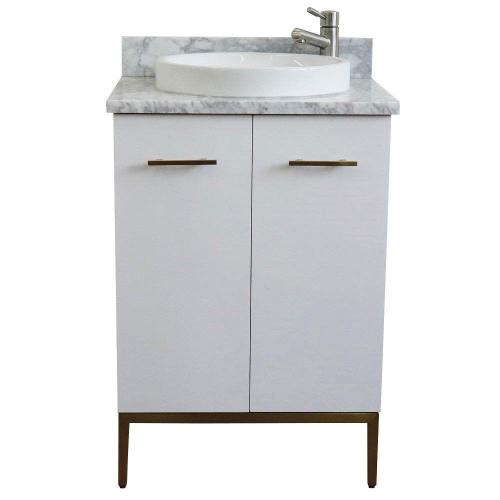 25" Single sink vanity in White finish with White Carrara marble and round sink