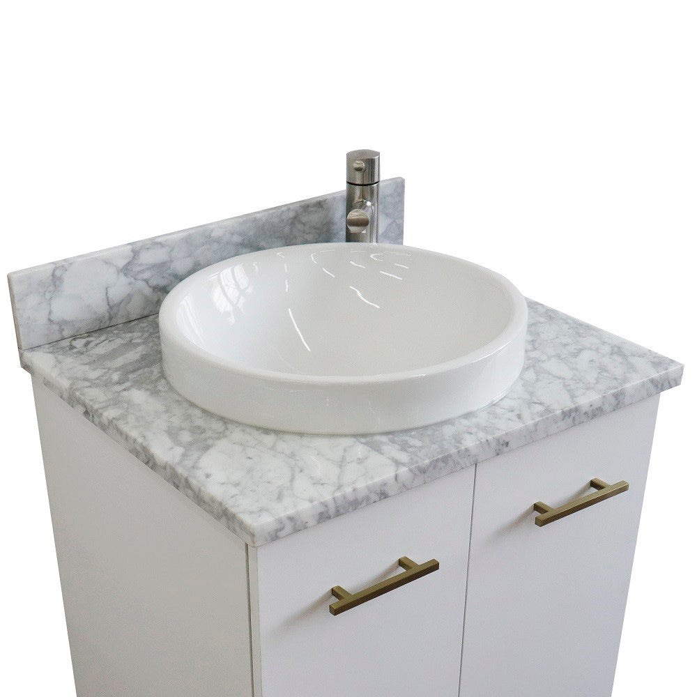 25" Single sink vanity in White finish with White Carrara marble and round sink