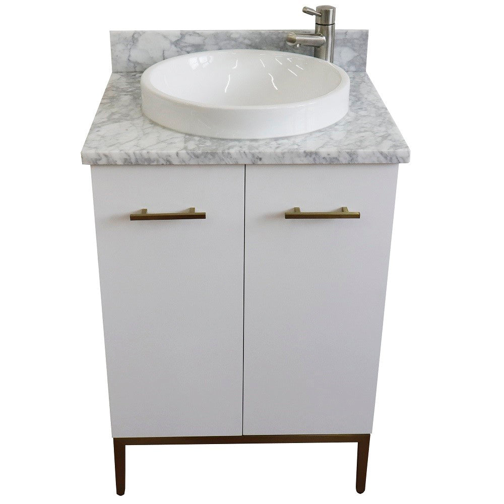 25" Single sink vanity in White finish with White Carrara marble and round sink