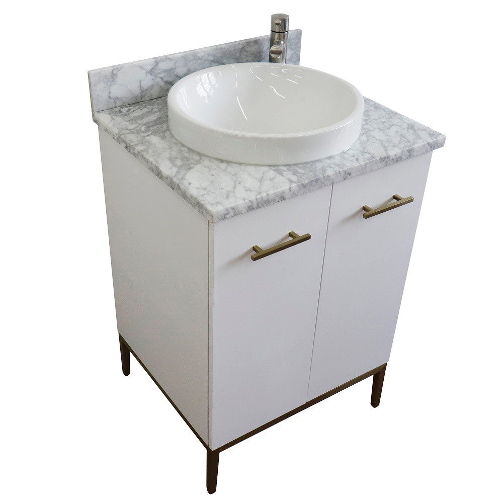 25" Single sink vanity in White finish with White Carrara marble and round sink